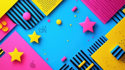 Vibrant geometric shapes & stars on blue backdrop