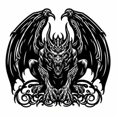 Black and white digital drawing of a fierce gargoyle with tribal patterns and outstretched wings
