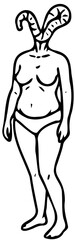 black and white cartoon illustration of a worm-headed housewife