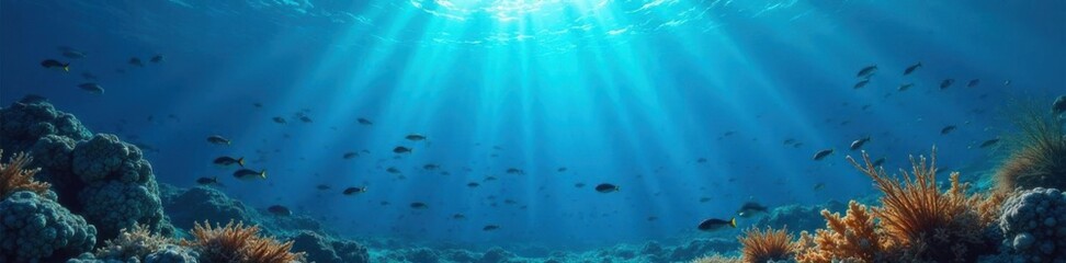 Obraz premium Deep blue ocean surface with scattered seaweed and schools of small fish swimming in unison, underwater, sea creatures