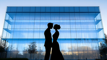 Fototapeta premium Silhouette of a couple kissing against the backdrop of a blue glass building small trees and the sky visible in the re