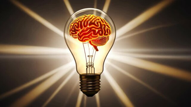 3D illustration of glowing human brain inside light bulb with radiant golden rays on dark background, symbolizing creativity, intelligence, innovation, smart thinking, and mental power in science.