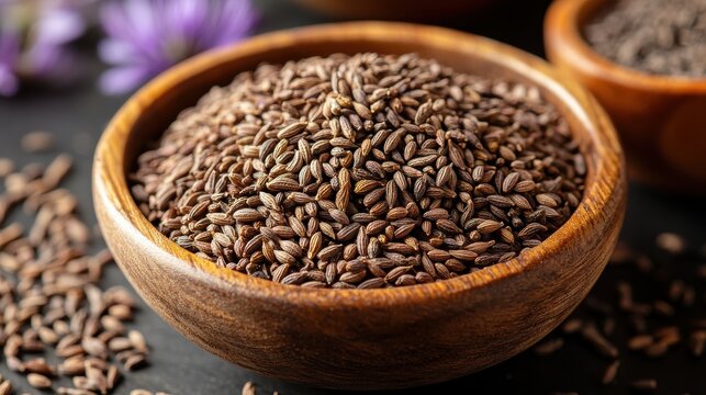 a wooden bowl filled with whole cumin seeds known as kimyon tane in turkish these aromatic seeds are commonly used in culinary dishes for their warm earthy flavor and numerous health benefits