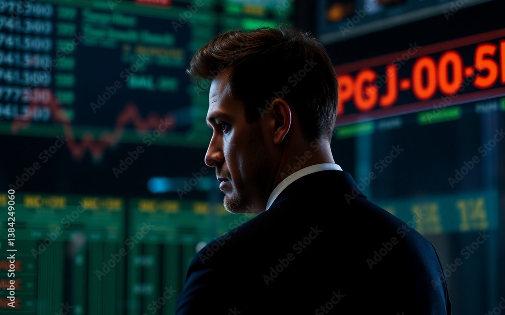 Leinwandbilder a focused man in a suit observes dynamic stock market data displays, illuminated in red and green, s