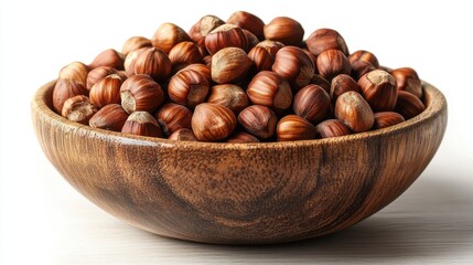 Obraz premium a wooden bowl filled with whole hazelnuts is placed on a wooden surface against a plain white background the hazelnuts have a rich brown color and natural textures indicating their raw state