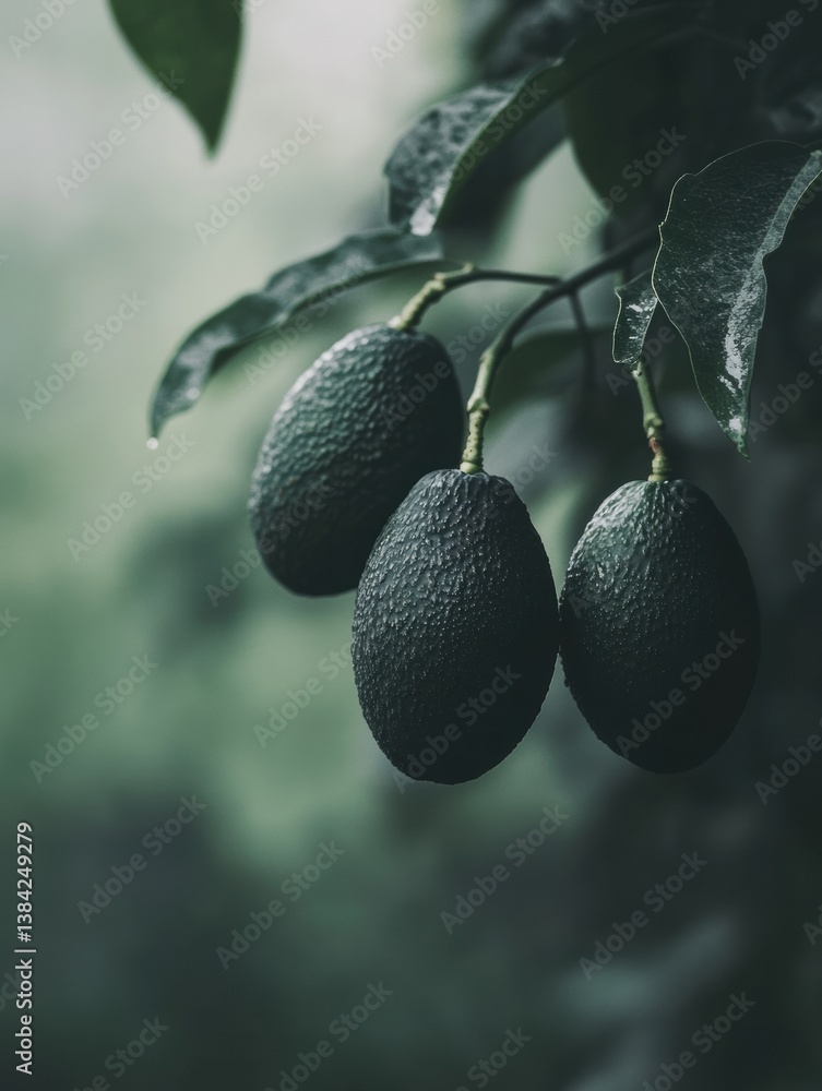 Poster ripened avocados hanging on a tree branch in a lush orchard with a soft blurred background