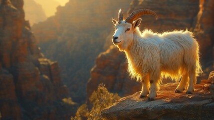 Fototapeta premium Mountain goat stands on a rocky cliff, canyon landscape and sunset background