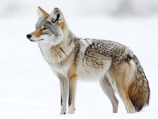 Obraz premium A lone coyote standing in a field of fresh white snow