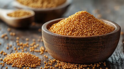 a wooden bowl filled with yellow mustard seeds sits on a wooden surface the light background highlights the small round seeds and their pale yellow color,illustration