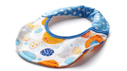 Polka dot and abstract patterned baby bib with blue trim. Designed to keep baby clean during meals.