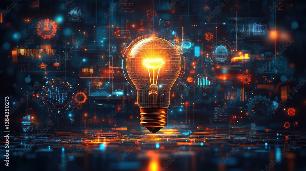 Poster glowing lightbulb amidst digital data streams, symbolizing innovation and technological breakthrough