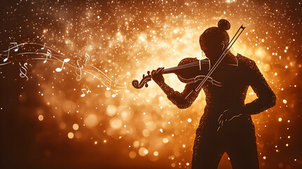 Fototapeta premium Silhouette of a woman with a violin surrounded by music notes and shimmering lights Playing stringed musical instrumen