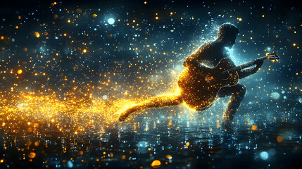 Naklejka premium Silhouette of musician holding guitar in a sparkling magical environment with water reflection