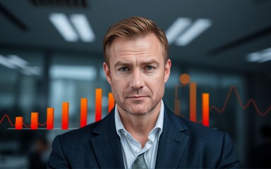 A focused businessman in a suit looks directly at the camera, against a backdrop of financial growth charts with vibrant red bars in an office setting.