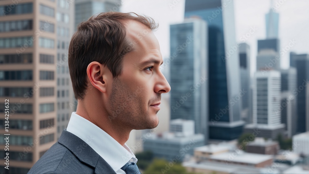 Poster a man in a suit gazes over a cityscape with tall buildings in the background. he is in profile view,