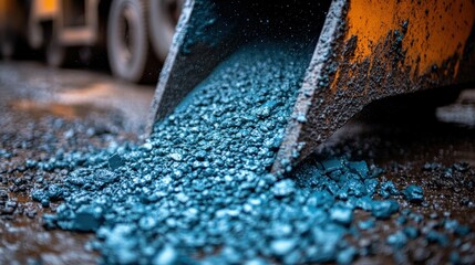 Blue aggregate pouring from excavator bucket onto ground