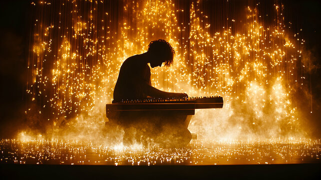 Silhouette playing a piano amidst a shower of golden light creating an ethereal artistic atmosphere