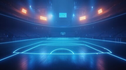 Neon-lit empty indoor basketball court