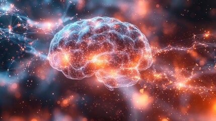 Glowing, intricate brain model with neural connections