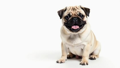 One charming pug, isolated on seamless white backdrop; playful pose , friend, cute