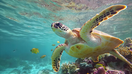 Obraz premium Sea Turtle Swimming In Coral Reef Underwater