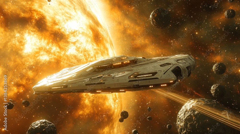 Poster spaceship navigating asteroid field near fiery star