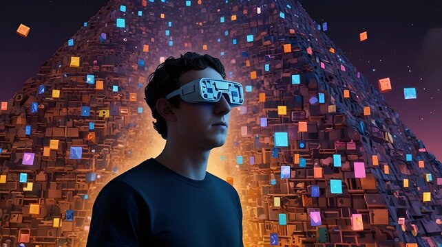 A surreal 3D island shaped like a smartphone, sinking into a neon-blue ocean,A colossal, glitching pyramid made of floating VR headsets rises from a desert of discarded smartphones,