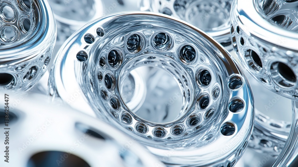 Poster close-up of polished, metallic, ring-like objects with intricate, bubble-like detailing