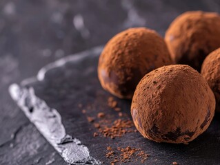 Dark chocolate truffles on slate plate with soft overhead lighting and copy space on right