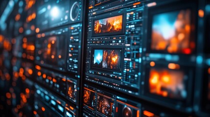 Naklejka premium Futuristic control panel with multiple screens displaying vibrant imagery and data
