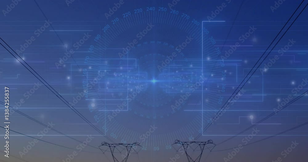 Aufkleber power lines with digital network animation glowing during twilight sky
