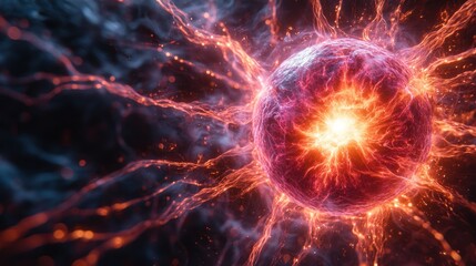 Glowing orb, energy bursts, dark background