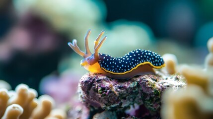 Colorful sea slug on coral reef, underwater scene
