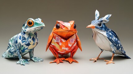 Naklejka premium Intricate origami frogs and bird, vibrant colors and patterns
