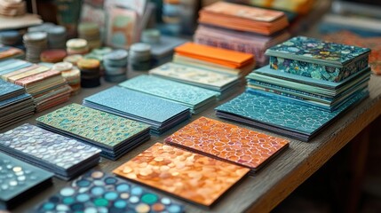 Colorful stacks of patterned paper goods on display