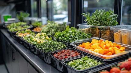 Vibrant salad bar with fresh produce, prepped ingredients in containers