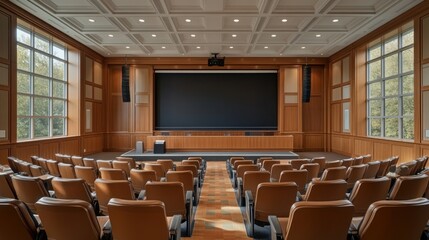 Spacious auditorium with tiered seating, large screen, and wood paneling