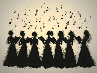Silhouetted female choir members sing with musical notes floating above them against a light background in a stylized a - obrazy, fototapety, plakaty