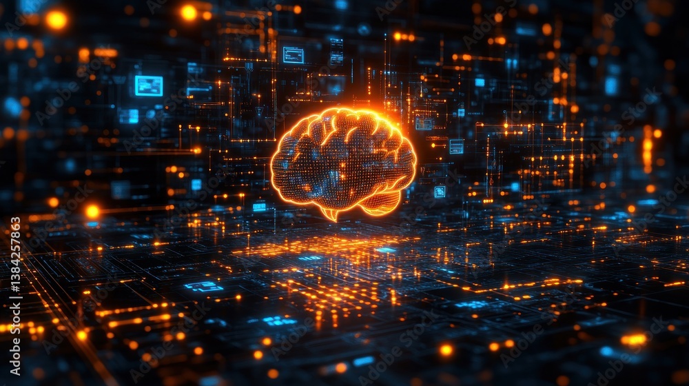 Poster glowing brain within complex digital circuitry