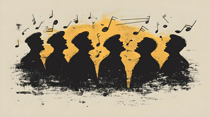 Silhouetted figures sing with musical notes floating above them set against a textured backdrop with a vintage feel