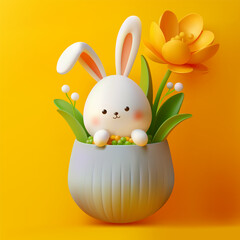 Happy Easter greetings, banner with rabbit, yellow background. Concept voucher template, greeting card, postcard, poster, flyer hunting holiday design with bunny hare ears. Cute Easter Bunny. Egg Hunt