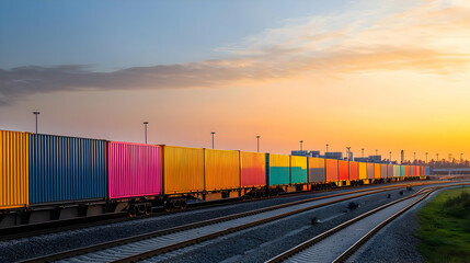 Obraz premium Colorful Freight Train At Sunset
