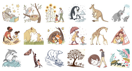 Celebrate the beautiful bond of parenthood with this heartwarming collection of illustrations featuring animal and human families. Perfect for expressing love and appreciation on Parents Day.