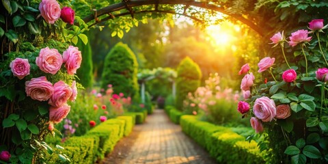 Sunlit Garden Path Framed by Blooming Roses, a Tranquil Pathway Leading Through Lush Greenery and Vibrant Flowers
