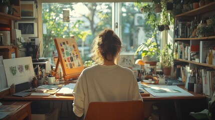 Fototapeta premium Sunlit artist's workspace, cluttered desk, natural light