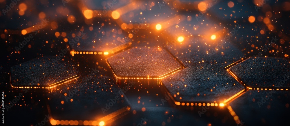 Poster glowing hexagonal grid, dark background, bokeh