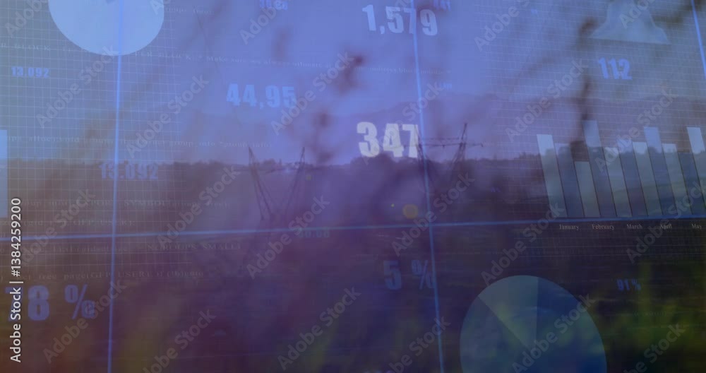 Poster data visualization animation over landscape with transmission towers and graphs