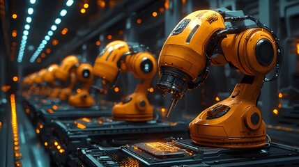Fototapeta premium Industrial Robotic Arm in Futuristic Automated Manufacturing Facility