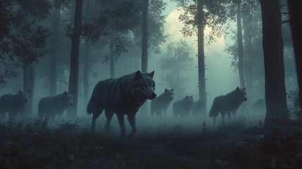 Pack of wolves stalking through foggy forest, moonlit, eerie scene