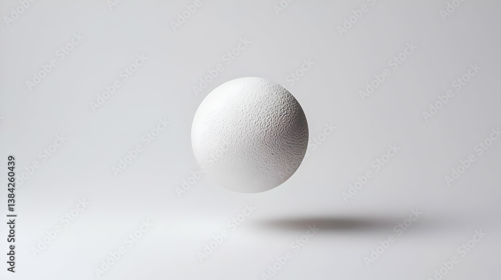 Poster textured white sphere floating above a grey surface with a soft shadow underneath in minimalist stud